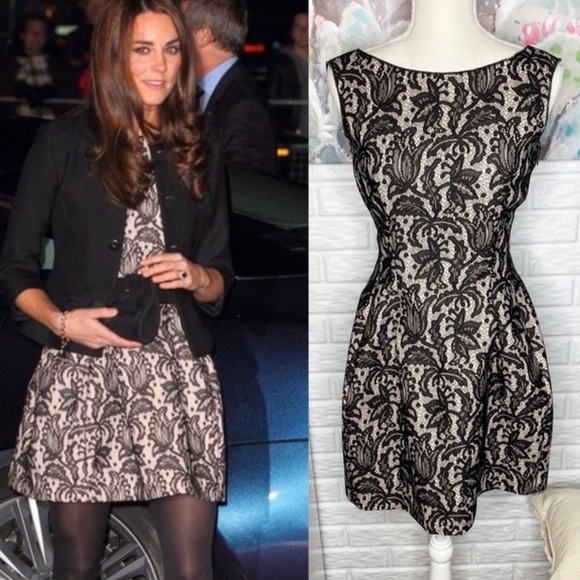 ZARA Kate Middleton Black Lace Tulip Fit & Flare Dress Size S - Picture 2 of 14